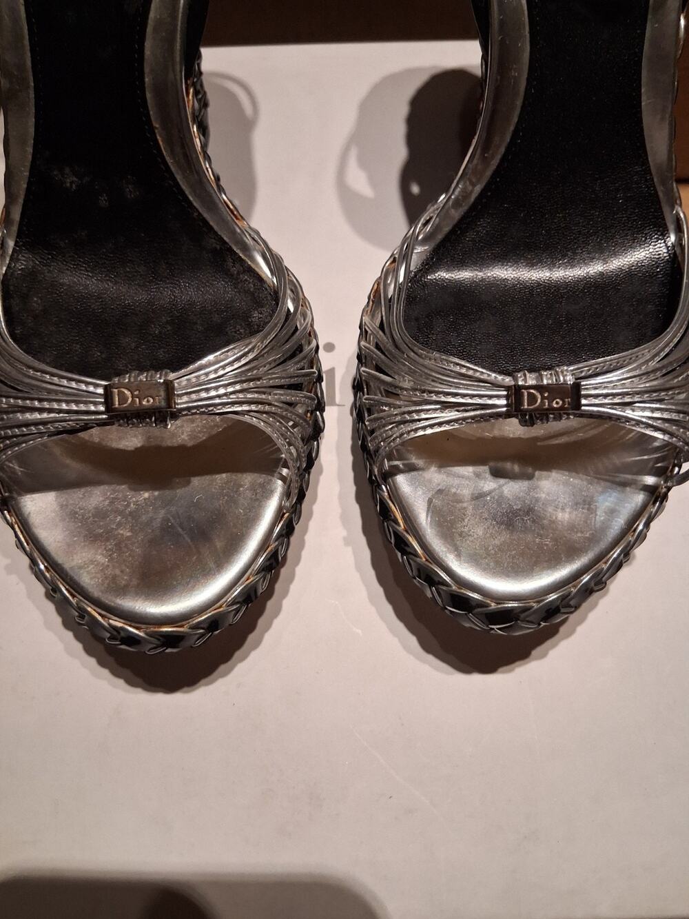 NIB CHRISTIAN DIOR HEAVEN BLACK SILVER LEATHER HEELS PUMPS SANDALS 38.5 $850